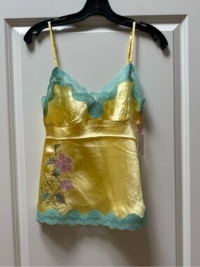 Gold Hawk 100% Silk Camisole Sunshine Yellow with Aqua Lace & Floral Embroidery